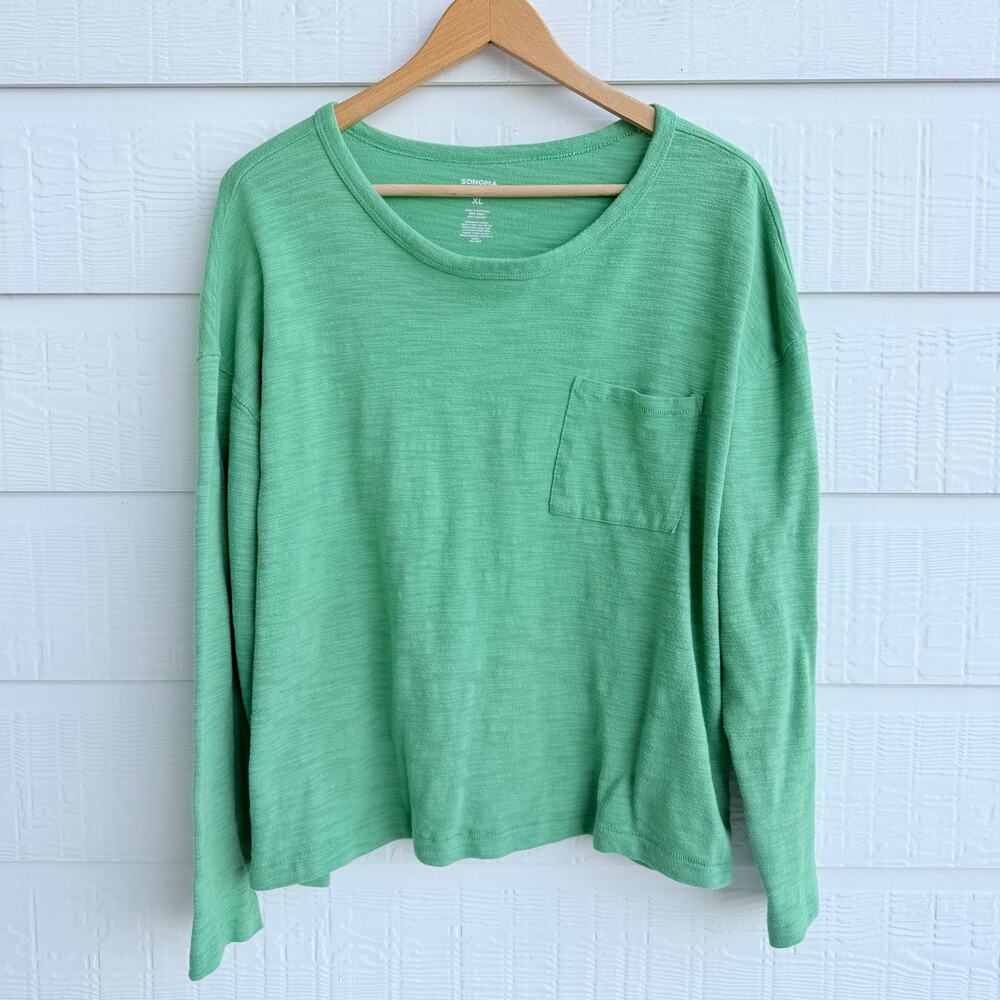 Sonoma XL Aloe Vera Green Cotton Long Sleeve Boxy Relaxed Top